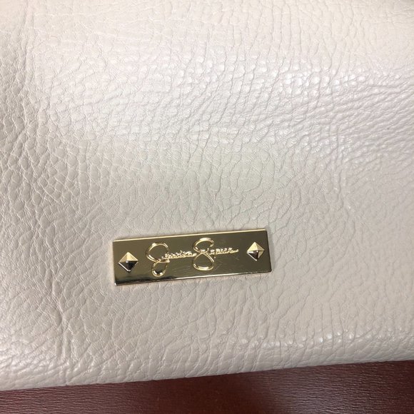 Jessica Simpson Faux Leather Two Toned Shoulder Bag Tote Logo Charm EUC - Picture 4 of 9